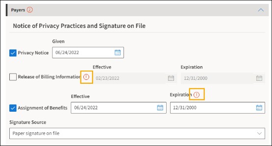 Notice of Privacy Practices and Signature on File section with yellow highlight boxes around the Information warning icons.